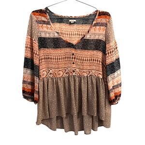 Ecote Womens Mixed Print Babydoll Peasant Top Blouse S